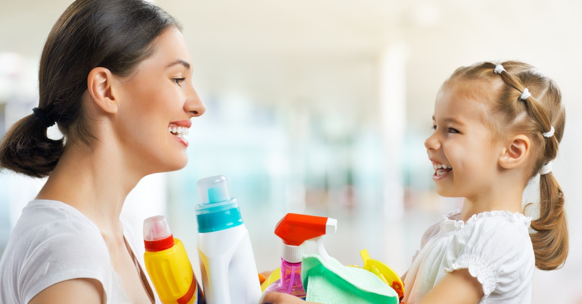 image of woman and her young daughter with cleaning products