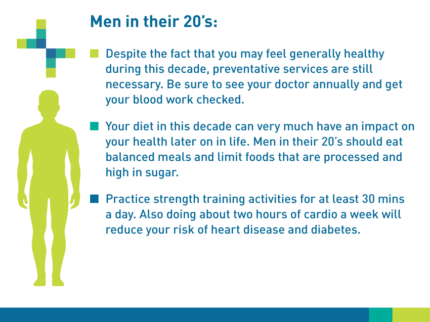 Men in their 20s: Despite the fact that you many feel generally healthy during this decade, preventative services are still necessary. Be sure to see your doctor annually and get your blood work checked. Your diet in this decade can very much have an impact on your health later on in life. Men in their 20s should eat balanced meals and limit foods that are processed and high in sugar. Practice strength training activities for at least 30 minutes a day. Also doing about two hours of cardio a week will reduce your risk of heart disease and diabetes.
