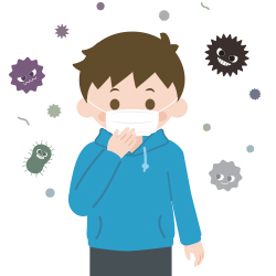 Cartoon illustration of a sick boy wearing a mask